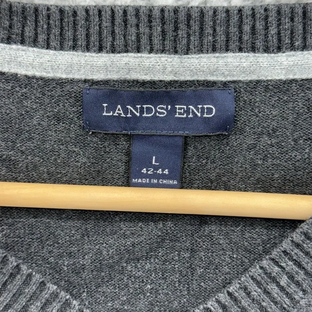 Lands End Sweater Mens L Gray‎ 100% Cotton Pullover V-Neck Casual Long Sleeve